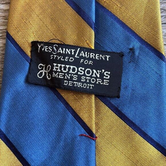 Vintage Yves Saint Laurent For Hudson Men’s Store Blue & Yellow Striped Tie - Picture 3 of 4